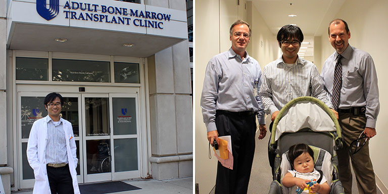 左:デューク大学留学中。Adult Bone Marrow Transplant Clinicの外来にて。 右:左がハプロ移植の師匠である Rizzieri先生、右が複数臍帯血移植の師匠である Horwitz先生。手前は当時0歳の息子。
